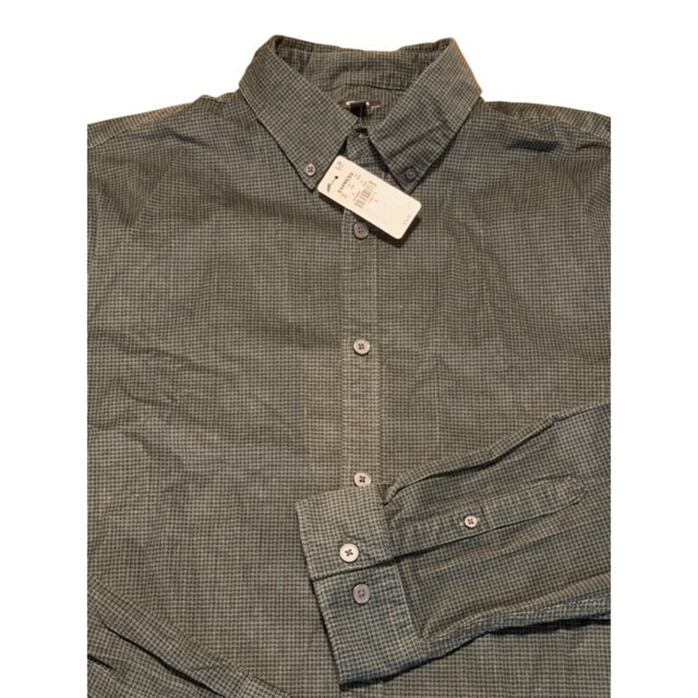 Express Mens Micro Houndstooth Button Down Shirt Dark Green Stretch Large NEW - Picture 3 of 7